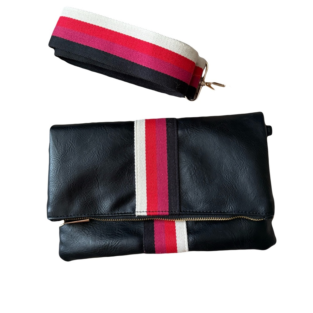 Aspen Lane Black Foldover Crossbody / Clutch with Red / Pink / White Stripe - Picture 1 of 3